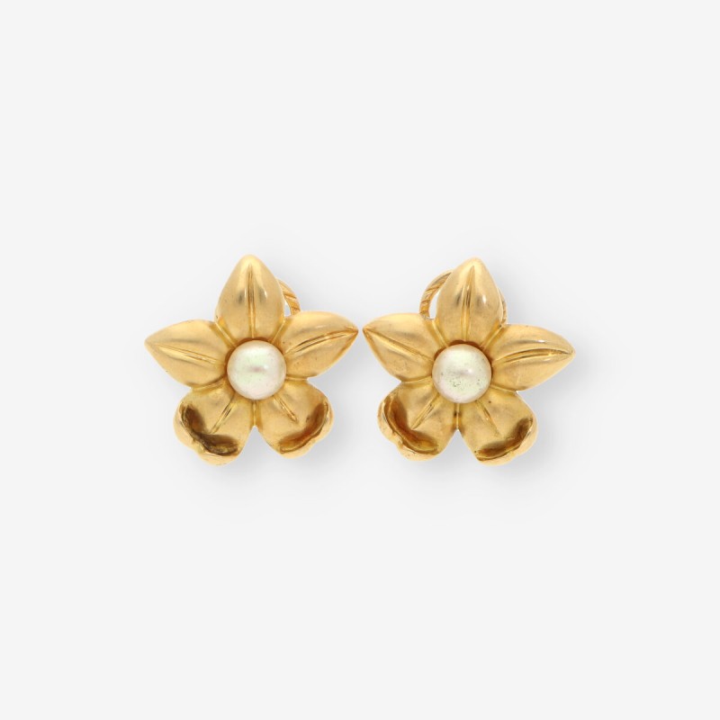 Pendientes flor de oro 18kt con perla y cierre omega