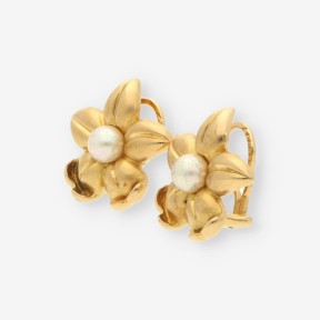 Pendientes flor de oro 18kt con perla y cierre omega