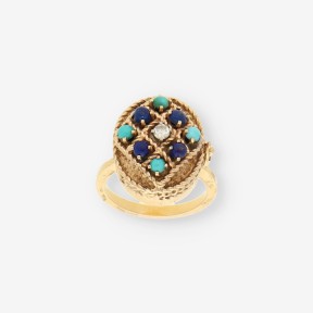 Anillo Vintage de Oro Amarillo 18kt con Turquesa y Brillantes