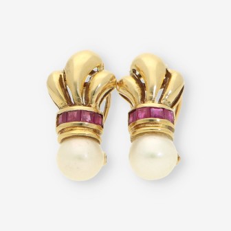Pendientes oro piedra roja y perla