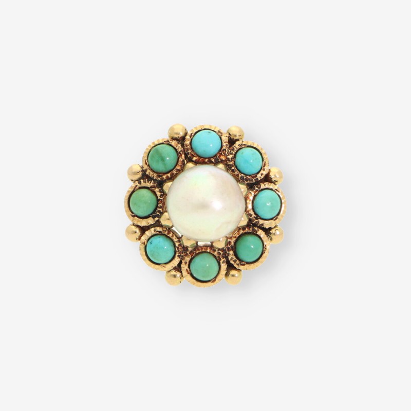 Anillo en oro amarillo 18kt con perla central y turquesas Anillo en oro amarillo 18kt con perla central y turquesas