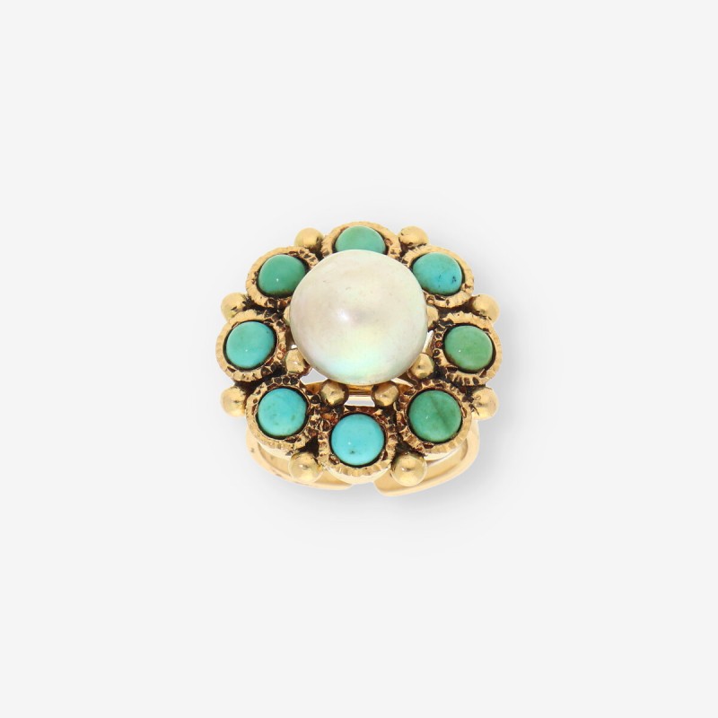 Anillo turquesa, perla y oro