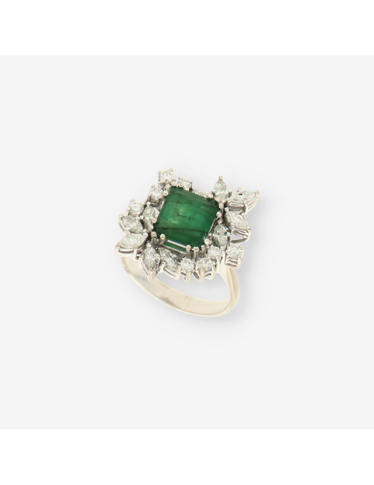 Anillo oro bl. Esmeralda y brillantes