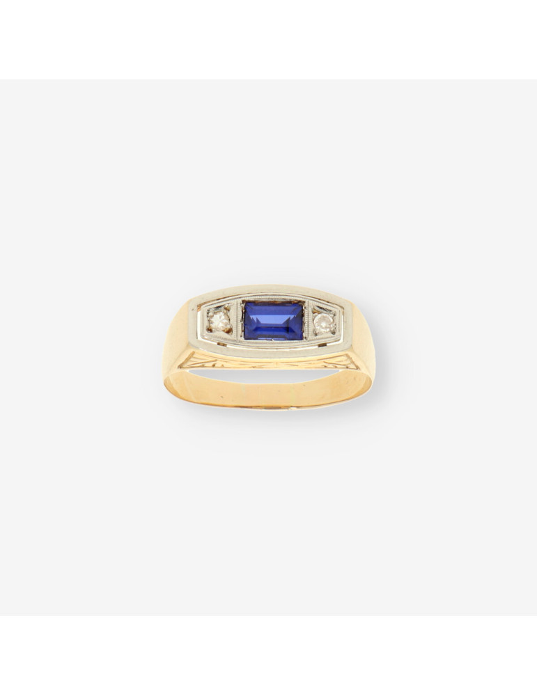 Anillo vintage oro p. azul y brillantes