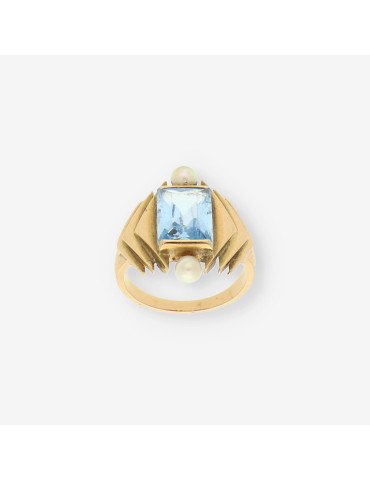 Anillo oro perla y piedra azul