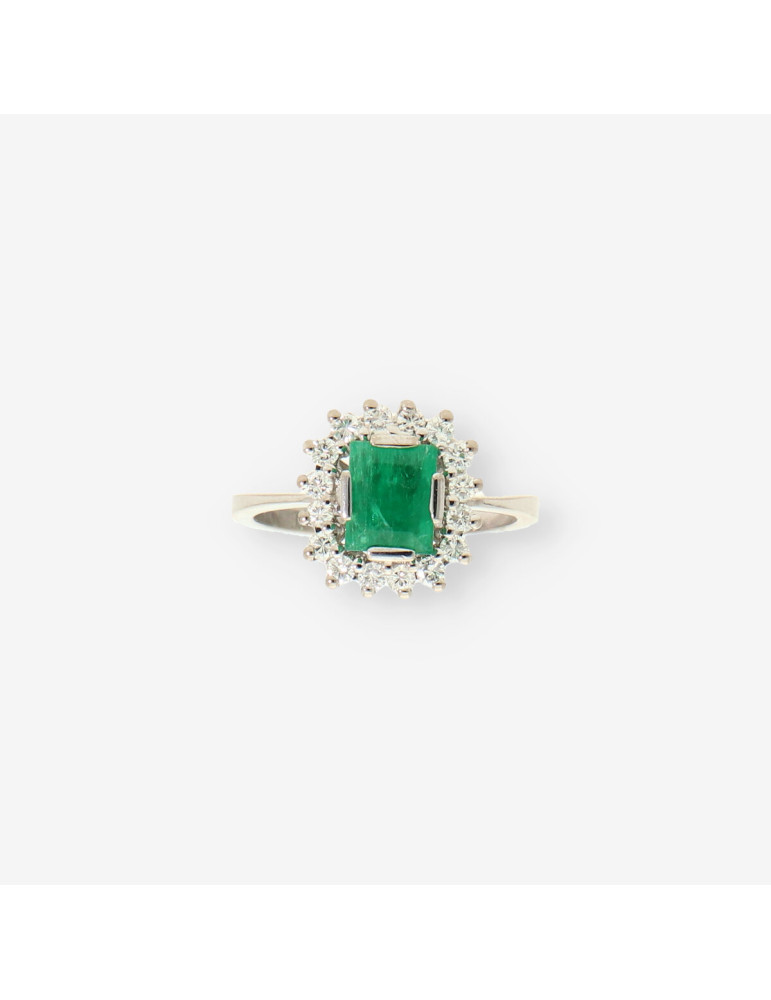 Anillo oro bl. Esmeralda y brillantes