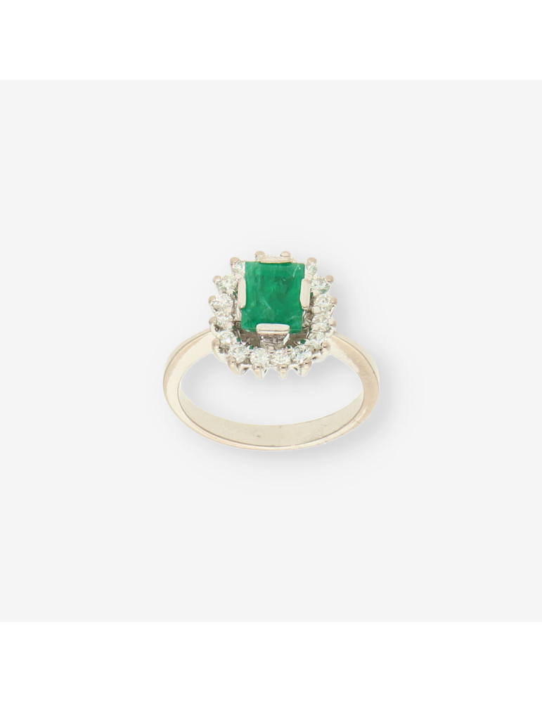 Anillo oro bl. Esmeralda y brillantes