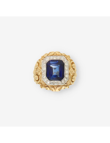 Anillo oro, brillantes y piedras azules