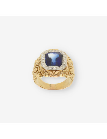 Anillo oro, brillantes y piedras azules