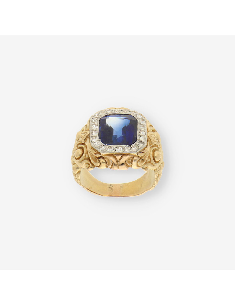 Anillo oro, brillantes y piedras azules