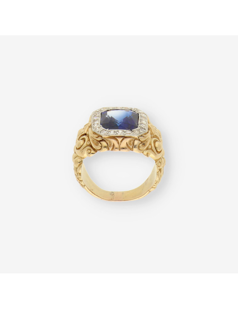 Anillo oro, brillantes y piedras azules