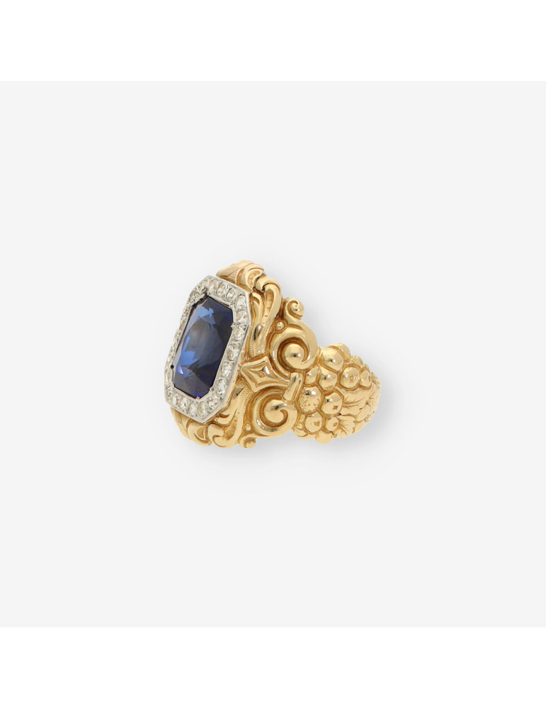 Anillo oro, brillantes y piedras azules