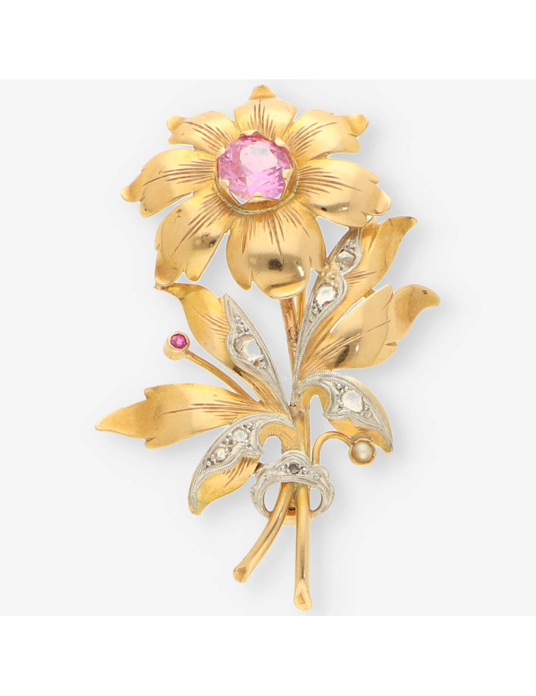 Broche oro piedra rosa y diamantes