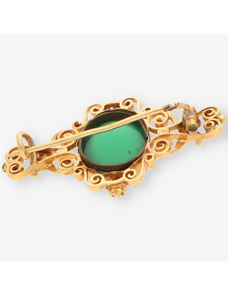 Broche oro perla y piedra verde