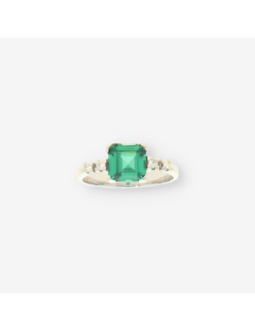 Anillo oro blanco p. verde y brillantes