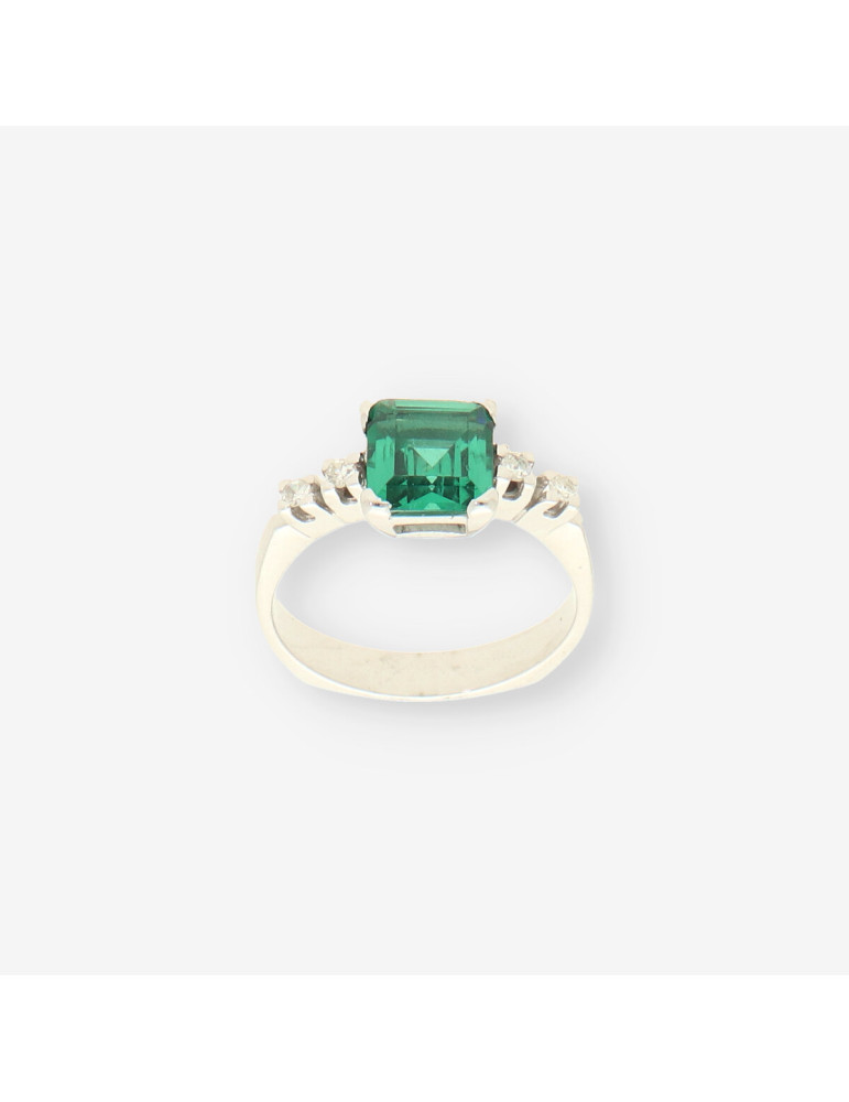 Anillo oro blanco p. verde y brillantes