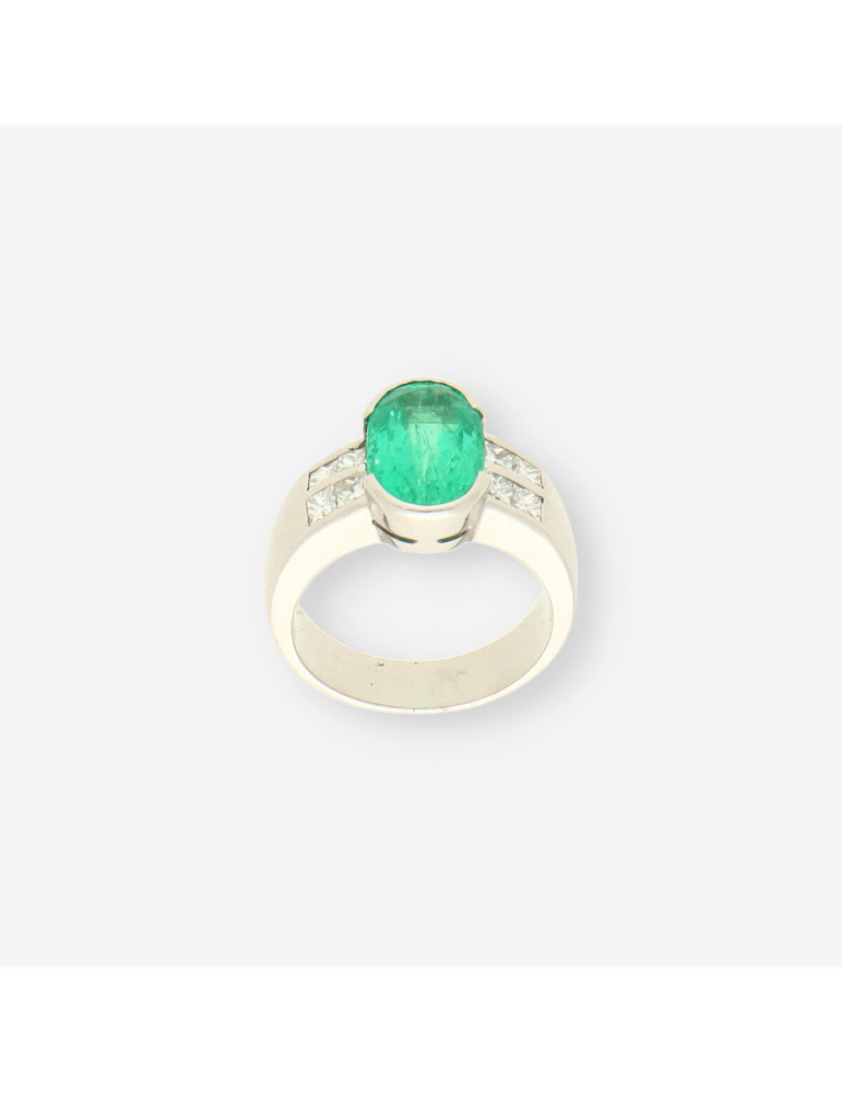 Anillo oro bl. Esmeralda y brillantes
