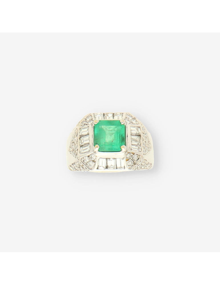 Anillo oro bl. Esmeralda y brillantes