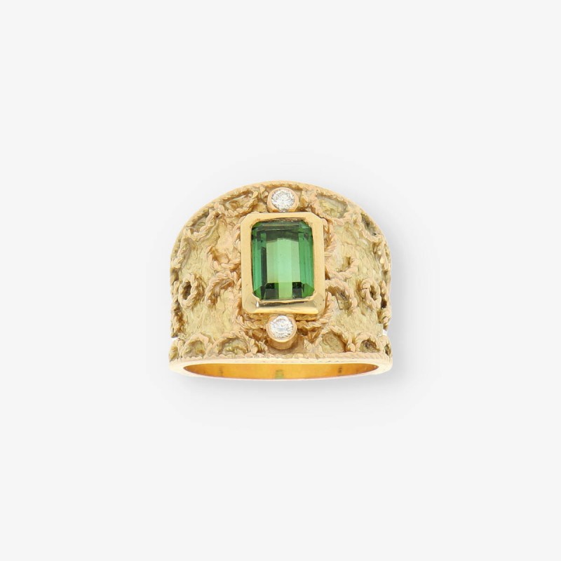 Anillo en oro 18kt con piedra semipreciosa verde y brillantes