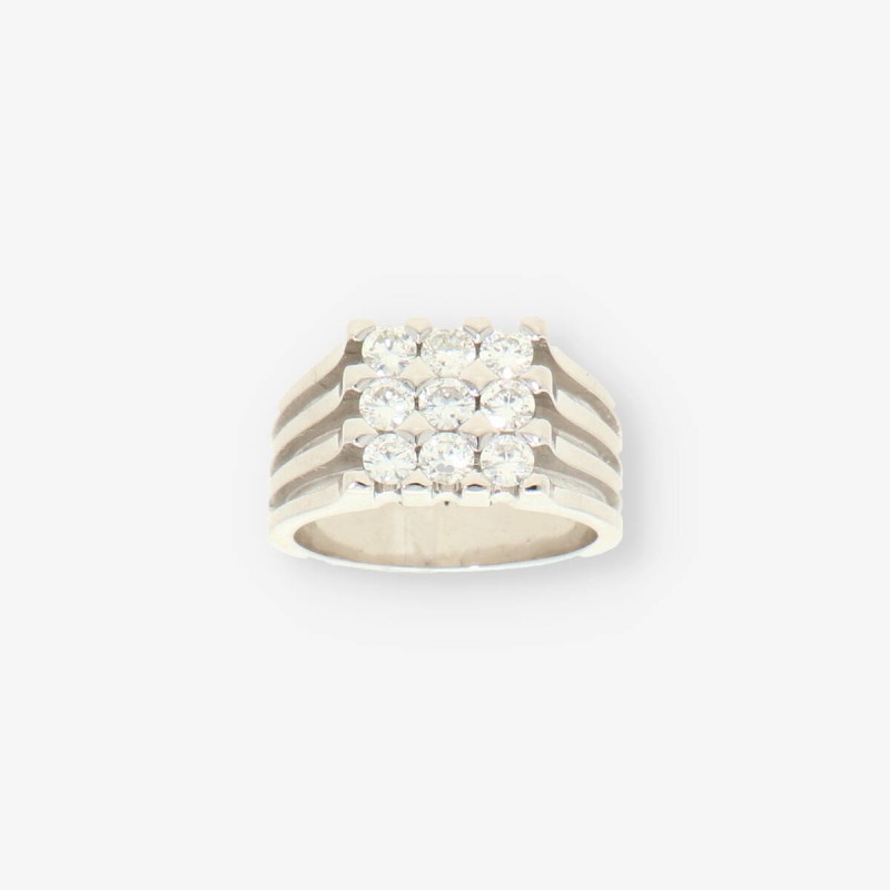 Anillo sello en oro blanco 18kt con 9 brillantes