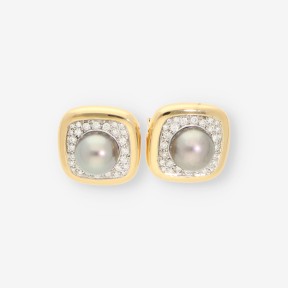 Pendientes oro 18kt perla gris y brillantes