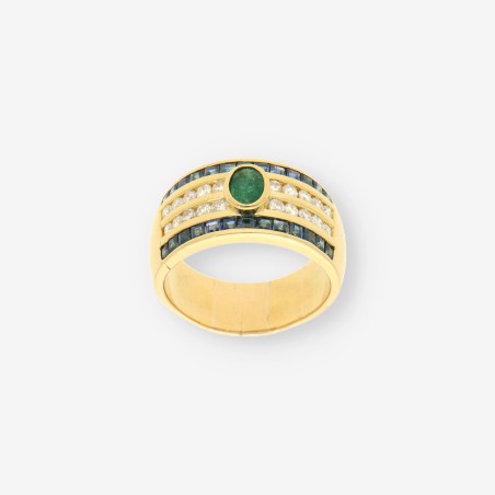 Anillo oro 18kt con brillantes, zafiros y esmeralda