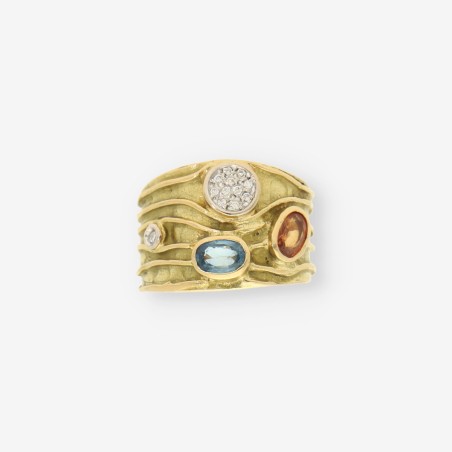 Anillo p. azul, p. naranja, oro y bri.