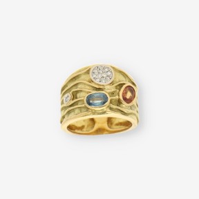 Anillo piedra azul y  naranja en oro 18kt con brillantes