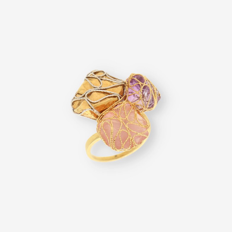 Anillo oro piedras color