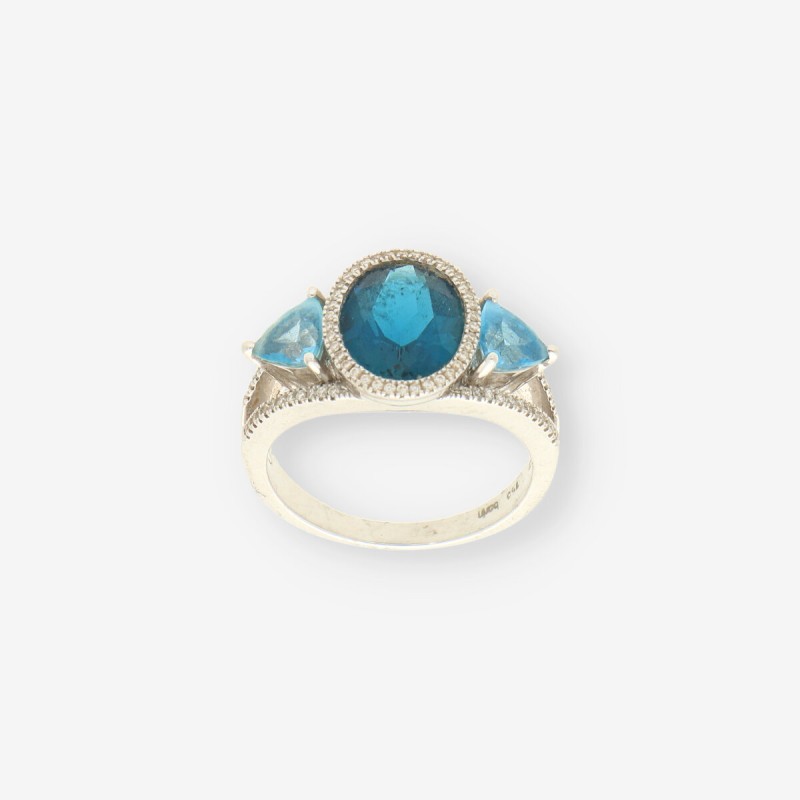 Anillo oro blanco p. azul y brillantes