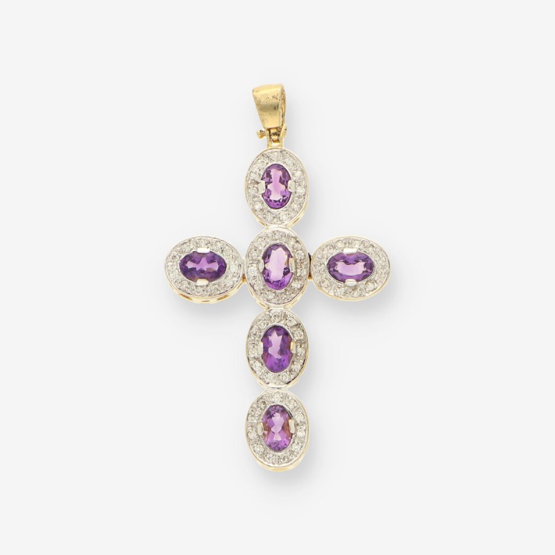 Cruz oro 18kt amatista y brillantes