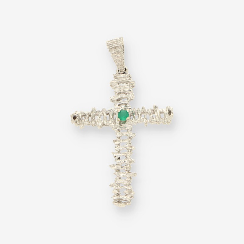 Colgante cruz oro blanco 18kt y esmeralda