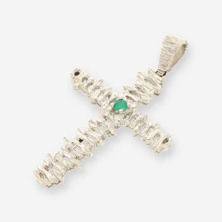 Colgante cruz oro blanco 18kt y esmeralda
