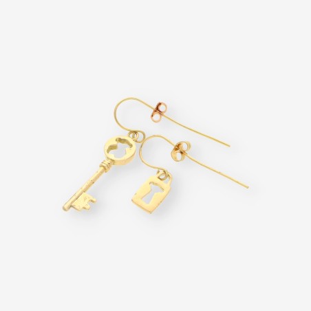 Pendientes largos llave y cerradura oro 18kt