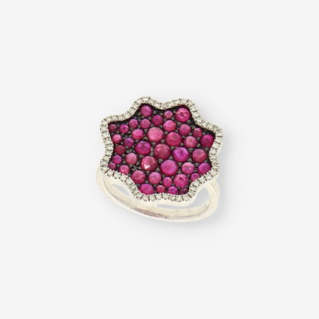 Anillo oro blanco 18kt  brillantes y piedra roja